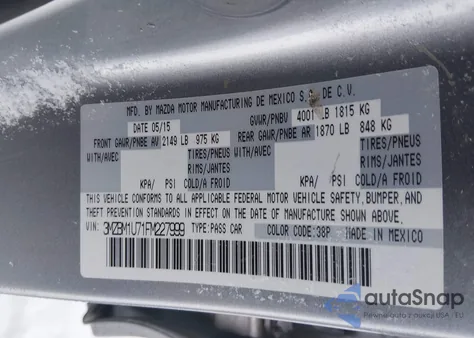 2015 Mazda Mazda3 I Sport z USA, uszkodzony, nr VIN 3MZBM1U71FM227999